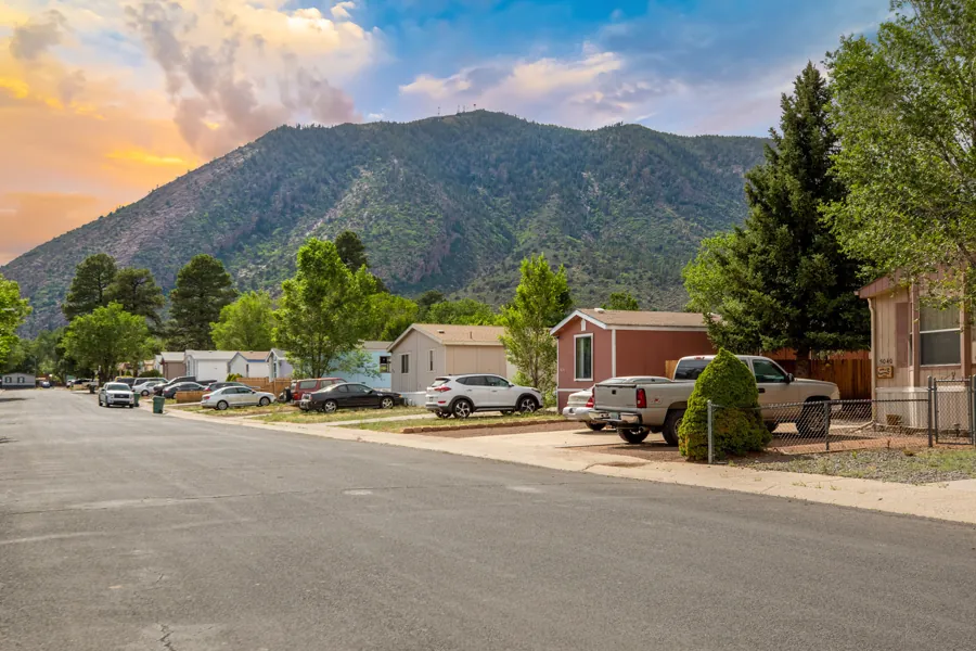 A Jo Don street at sunset with Mt. Elden in the distance